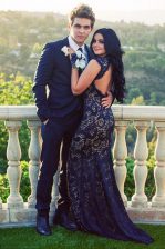 Affordable Mermaid Sleeveless Lace Backless Prom Dress with Navy Blue Brush Train