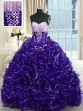 Glorious With Train Lace Up Quinceanera Dress Purple for Military Ball and Sweet 16 and Quinceanera with Beading and Ruffles Brush Train