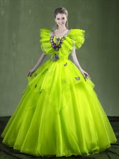  Yellow Green Sleeveless Appliques and Ruffles Floor Length 15 Quinceanera Dress