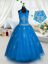 Custom Designed Floor Length Aqua Blue Child Pageant Dress Halter Top Sleeveless Lace Up