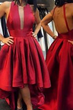 Colorful Scoop Asymmetrical Red Prom Dresses Satin Sleeveless Pleated