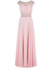 Great Scoop Baby Pink A-line Beading Dress for Prom Zipper Chiffon Sleeveless Floor Length