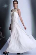 Fantastic White Evening Dress Prom and Party with Beading and Hand Made Flower Scoop Sleeveless Zipper