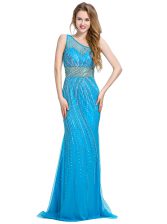  One Shoulder Tulle Sleeveless With Train Prom Dress Brush Train and Beading