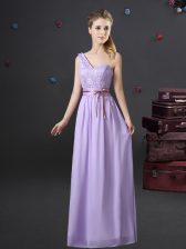 Colorful One Shoulder Lavender Empire Lace and Appliques and Belt Quinceanera Court of Honor Dress Lace Up Chiffon Sleeveless Floor Length
