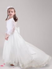  White Zipper Scoop Lace and Bowknot Flower Girl Dresses Tulle Long Sleeves Brush Train
