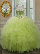 Nice Yellow Green Lace Up Scoop Beading and Ruffles Quinceanera Dresses Organza Sleeveless