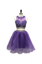 Stunning Scoop Sleeveless Prom Party Dress Knee Length Beading and Appliques Lavender Tulle