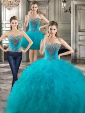 Comfortable Three Piece Ruffles Quince Ball Gowns Teal Lace Up Sleeveless Floor Length