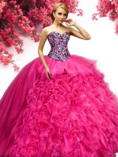 Delicate Hot Pink Lace Up Quince Ball Gowns Beading and Ruffles Sleeveless Floor Length
