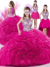 Modern Four Piece Hot Pink Sweet 16 Quinceanera Dress Military Ball and Sweet 16 and Quinceanera with Beading and Pick Ups High-neck Sleeveless Zipper