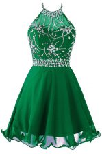 Discount Scoop Green Sleeveless Mini Length Beading and Belt Zipper Dress for Prom