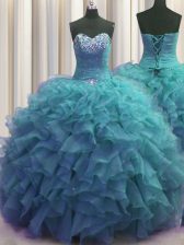  Beaded Bust Teal Organza Lace Up Sweetheart Sleeveless Floor Length Quinceanera Dress Beading and Ruffles