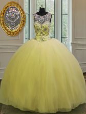 Custom Fit Scoop Floor Length Backless Ball Gown Prom Dress Light Yellow for Military Ball and Sweet 16 and Quinceanera with Beading and Appliques