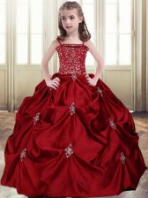  Wine Red Ball Gowns Spaghetti Straps Sleeveless Taffeta Floor Length Lace Up Beading and Pick Ups Kids Pageant Dress