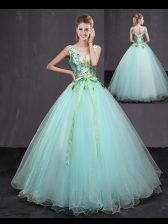  Aqua Blue Sleeveless Tulle Lace Up Quinceanera Dresses for Military Ball and Sweet 16 and Quinceanera