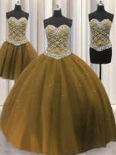 Pretty Three Piece Brown Sweet 16 Dress Military Ball and Sweet 16 and Quinceanera with Beading and Sequins Sweetheart Sleeveless Lace Up