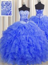  Handcrafted Flower Sleeveless Organza Floor Length Lace Up Sweet 16 Dresses in Royal Blue with Beading and Ruffles and Hand Made Flower