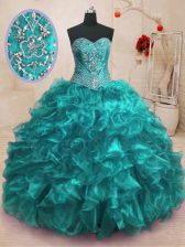 Exquisite Teal Organza Lace Up 15 Quinceanera Dress Sleeveless With Train Sweep Train Beading and Ruffles