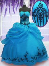 Decent Ball Gowns Ball Gown Prom Dress Blue Strapless Organza Sleeveless Floor Length Lace Up