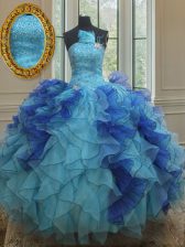 Adorable Blue Organza Lace Up Quince Ball Gowns Sleeveless Floor Length Beading and Ruffles