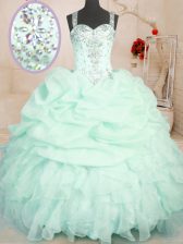 Vintage Pick Ups Ball Gowns Quinceanera Dress Apple Green Straps Organza Sleeveless Floor Length Zipper