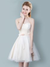 Stylish Champagne Empire Sweetheart Sleeveless Tulle Knee Length Zipper Ruching and Bowknot Quinceanera Dama Dress