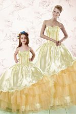  Gold Ball Gowns Sweetheart Sleeveless Organza Floor Length Lace Up Embroidery and Ruffled Layers Sweet 16 Dress