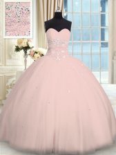 Amazing Sleeveless Tulle Floor Length Lace Up Sweet 16 Dress in Pink with Beading