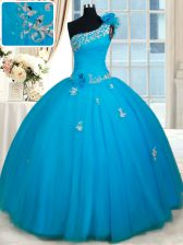 Hot Selling One Shoulder Sleeveless Sweet 16 Dress Floor Length Beading and Appliques and Hand Made Flower Baby Blue Tulle