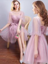 Trendy Scoop Pink A-line Ruching and Bowknot Quinceanera Court of Honor Dress Lace Up Tulle Half Sleeves Mini Length