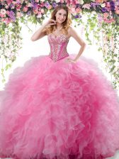  Rose Pink Sleeveless Beading and Ruffles Floor Length Vestidos de Quinceanera