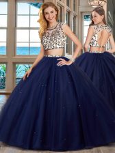 Elegant Scoop Cap Sleeves With Train Beading Backless Vestidos de Quinceanera with Navy Blue Brush Train