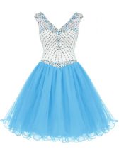  Baby Blue Zipper Prom Gown Beading Sleeveless Mini Length