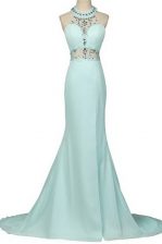 Romantic Mermaid Light Blue Dress for Prom Prom and Party with Beading Halter Top Sleeveless Brush Train Zipper