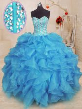 New Arrival Baby Blue Organza Lace Up Sweet 16 Quinceanera Dress Sleeveless Floor Length Beading and Ruffles