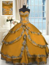 Eye-catching Floor Length Lace Up Sweet 16 Dress Gold for Military Ball and Sweet 16 and Quinceanera with Beading and Embroidery and Ruffled Layers
