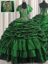  Beading and Appliques and Pick Ups Vestidos de Quinceanera Dark Green Lace Up Sleeveless With Brush Train