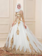 Glorious Sweep Train Ball Gowns Quinceanera Gown White V-neck Tulle 3 4 Length Sleeve Zipper