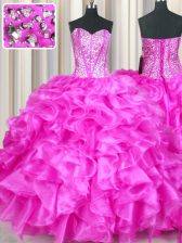 Custom Made Fuchsia Sleeveless Floor Length Beading and Ruffles Lace Up Quince Ball Gowns