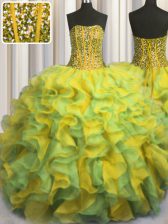 Inexpensive Visible Boning Bling-bling Multi-color Lace Up Quinceanera Gown Beading and Ruffles Sleeveless Floor Length