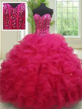 Beautiful Floor Length Lace Up Sweet 16 Dress Fuchsia for Military Ball and Sweet 16 and Quinceanera with Beading and Ruffles