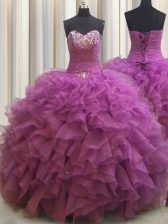 Dramatic Beaded Bust Organza Sweetheart Sleeveless Lace Up Beading and Ruffles 15th Birthday Dress in Fuchsia