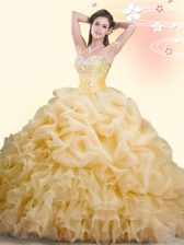 Glorious Gold Sweetheart Neckline Beading and Ruffles and Pick Ups 15th Birthday Dress Sleeveless Lace Up