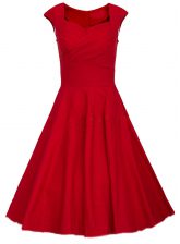  Red A-line Satin Square Cap Sleeves Ruching Knee Length Zipper Prom Dresses