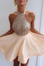  Peach A-line Chiffon Halter Top Sleeveless Beading Mini Length Backless Homecoming Dress