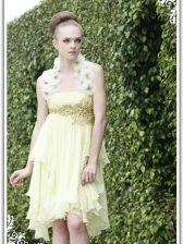  Light Yellow Column/Sheath Beading and Appliques Dress for Prom Backless Organza Sleeveless Knee Length