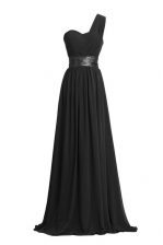 Noble Column/Sheath Prom Dresses Black One Shoulder Chiffon Sleeveless Floor Length Zipper