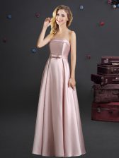 Extravagant Sleeveless Elastic Woven Satin Floor Length Zipper Dama Dress in Pink with Bowknot