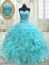 Smart Aqua Blue Ball Gowns Organza Sweetheart Sleeveless Beading and Ruffles Floor Length Lace Up Sweet 16 Dresses